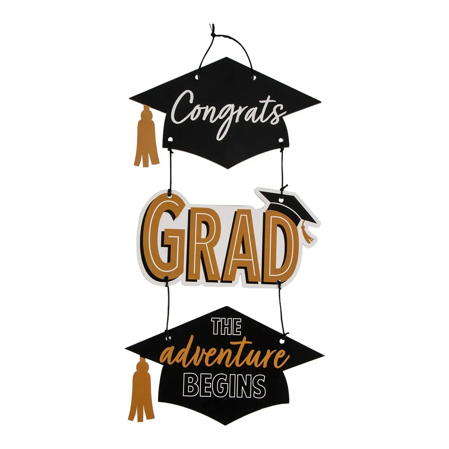 12"x26" Graduation Party "The Adventure Begins" Cardboard Door Sign - Wall-Mounted Decoration, Easy Party Decorations, Signage, Entryway Hanging Decor with Black Graduation Hats Element