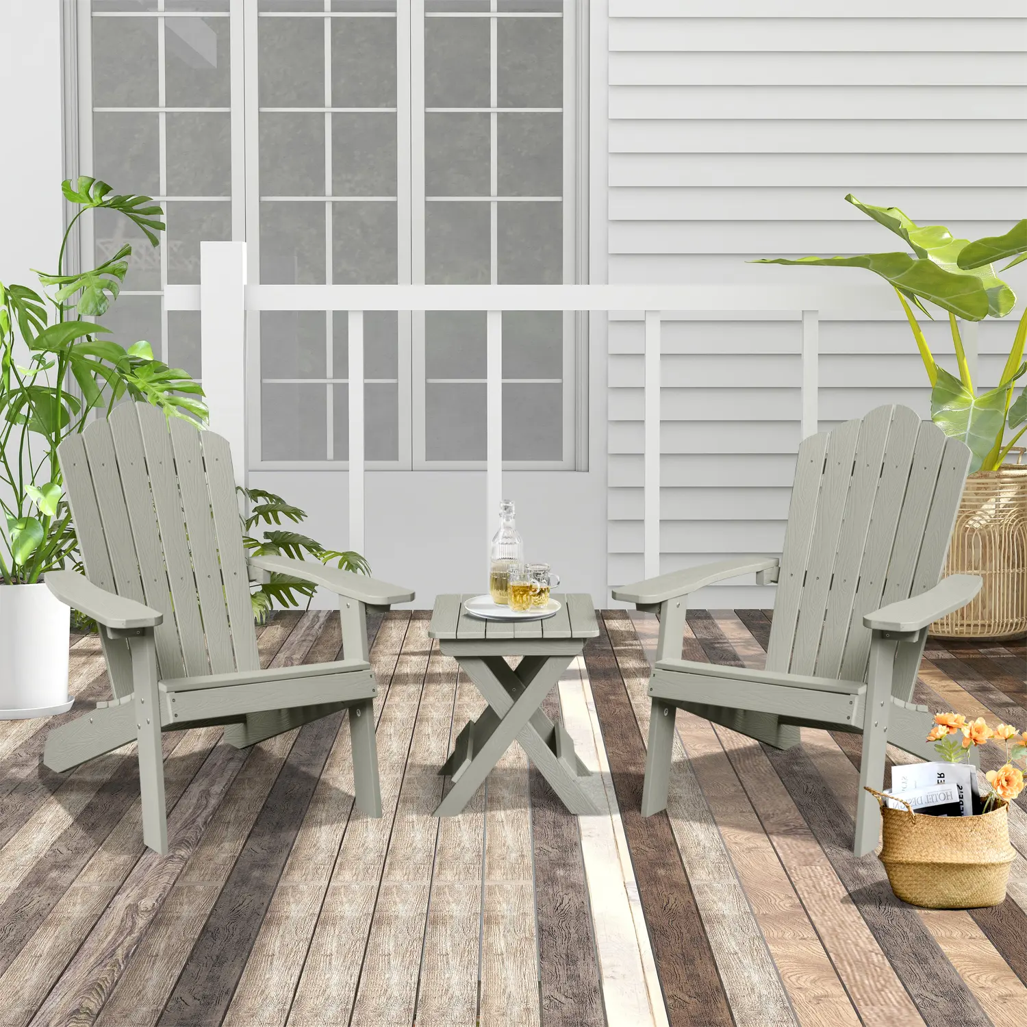 ALLWEX Outdoor Side Table & Adirondack Chair Set, Durable HDPE Patio Furniture with Wood Grain Finish, Weather Resistant Folding Table and High Back Armchair for Garden, Deck, Porch & Backyard