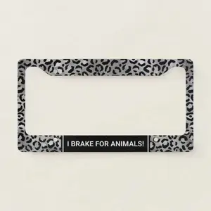 I Brake for Animals! Chic Silver Grey Leopard License Plate Frame
