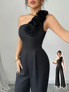 Women's Elegant Sleeveless Wide Leg Jumpsuit, One Shoulder 3D Floral Decoration, Eye-Catching, Minimalist Style