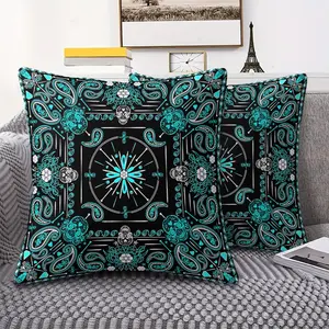 Turquoise and White Skull Paisley Throw Pillow, Digital Print Pillow, 45cm Square Cushion Includes Pillow Insert with Teal Gem Accents & Floral Details, Gothic-Inspired Home Decor for Sofa & Bedroom, Unique Decorative Accent