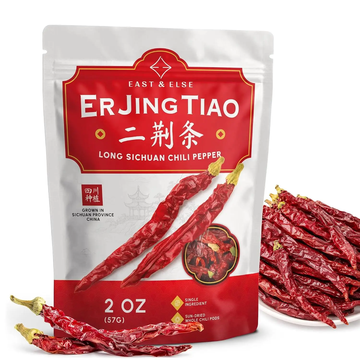 East & Else Er Jing Tiao Dried Chili Peppers, Long Sichuan Chili Pods | Whole Dried Red Szechuan Peppers from Sichuan Province, Mild Fragrant Balanced Heat For Chili Crisp, Chili Oil & Doubanjiang
