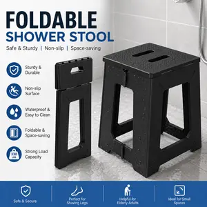 Foldable Shower Seat 17.7" Height Upgrade, Plastic Non-Slip Waterproof Folding Shower Stool for Inside Shower, Small Corner Shower Foot Rest for Shaving Legs, Bathroom Spa, Adults, Seniors, Elderly and Limited Mobility Use