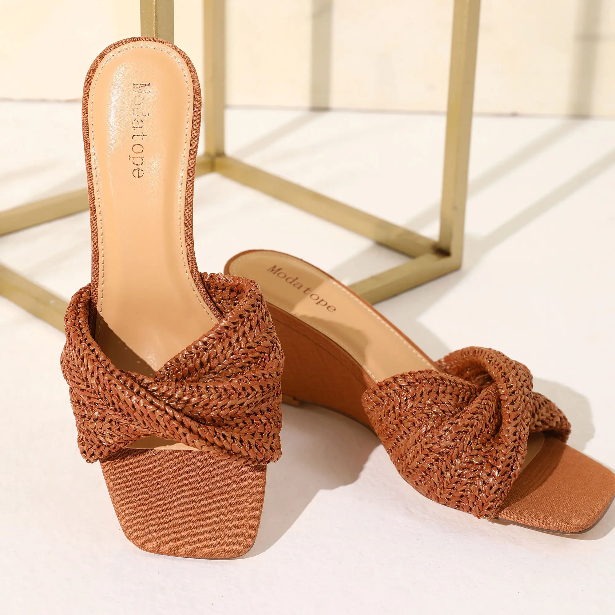 [Modatope] Wedge Sandals for Women Braided Wedge Heels Square Open Toe Raffia Dressy Womens Sandals