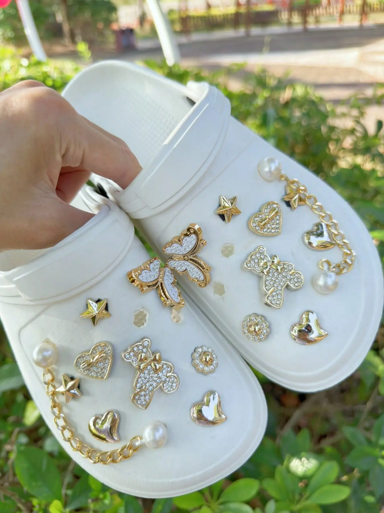 18-Piece DIY Bow Bear Set, Metal Faux Pearl Chain, Heart & Star Detachable Decorations, Bling Shoe Charms, Cute Shoe Decorations, Shoe Embellishment Set, Perfect for Hollow Sandals/lovals, All Seasons Gift
