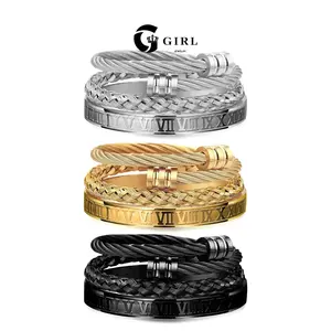 GGIRL 18K Gold Plated 3PCS Stainless Steel Bracelets for Men Gold Roman Numeral Bangle Bracelet Twisted Cable Bracelet Adjustable Cuff Bracelets Fashion Jewelry Gift for Holiday Haul Christmas Birthdays Anniversaries