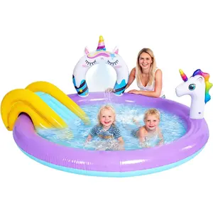 Inflatable Swimming Pool with Water Slides Inflatable Play Center Kiddie Pool with Water Sprayer for Garden Outdoor Backyard