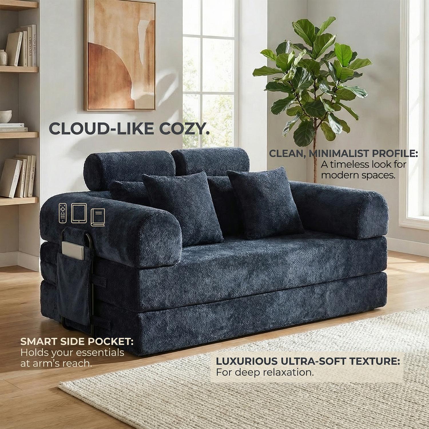 Large size double boneless convertible folding sofa bed with fixed shape frame and storage bag. Headrest design with pillow for dual comfort