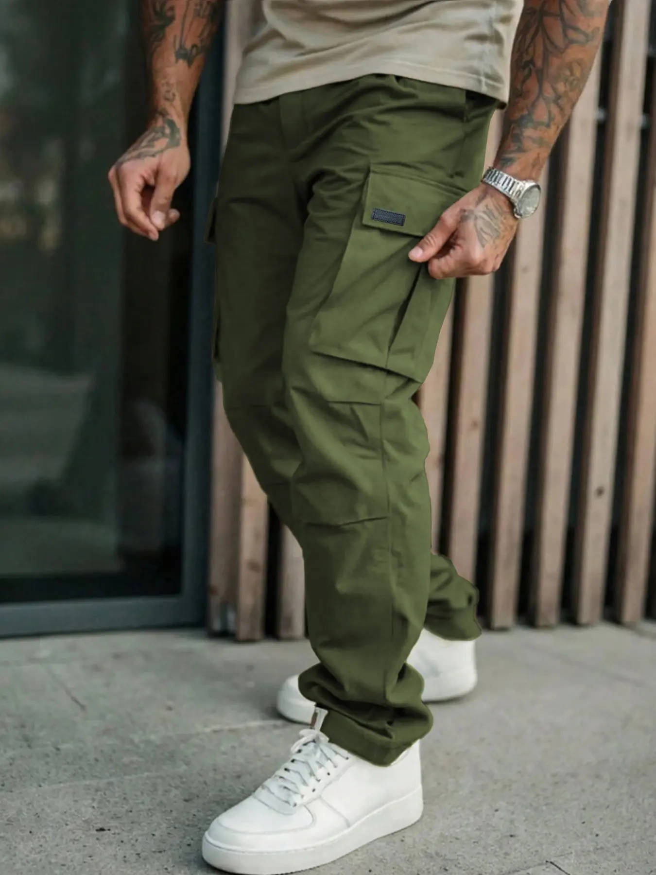 Men's Solid Casual Pocket Design Multi-pocket Cargo Pants, Casual Cargo Style, Street Fashion Casual Loose Jogger Pants for Outdoor Work, Men's Trousers for Fall & Winter, Menswear