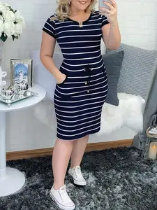 Women's Striped Shirt Dress - Casual Short Sleeve Drawstring Waist Summer Dress with Pockets