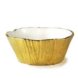212 MAIN 10.5 in. Tree Bark Porcelain Serving Bowl with Gold Metal Accents, Home Improvement Tableware for Garden & Indoor Use, Dishwasher-Safe