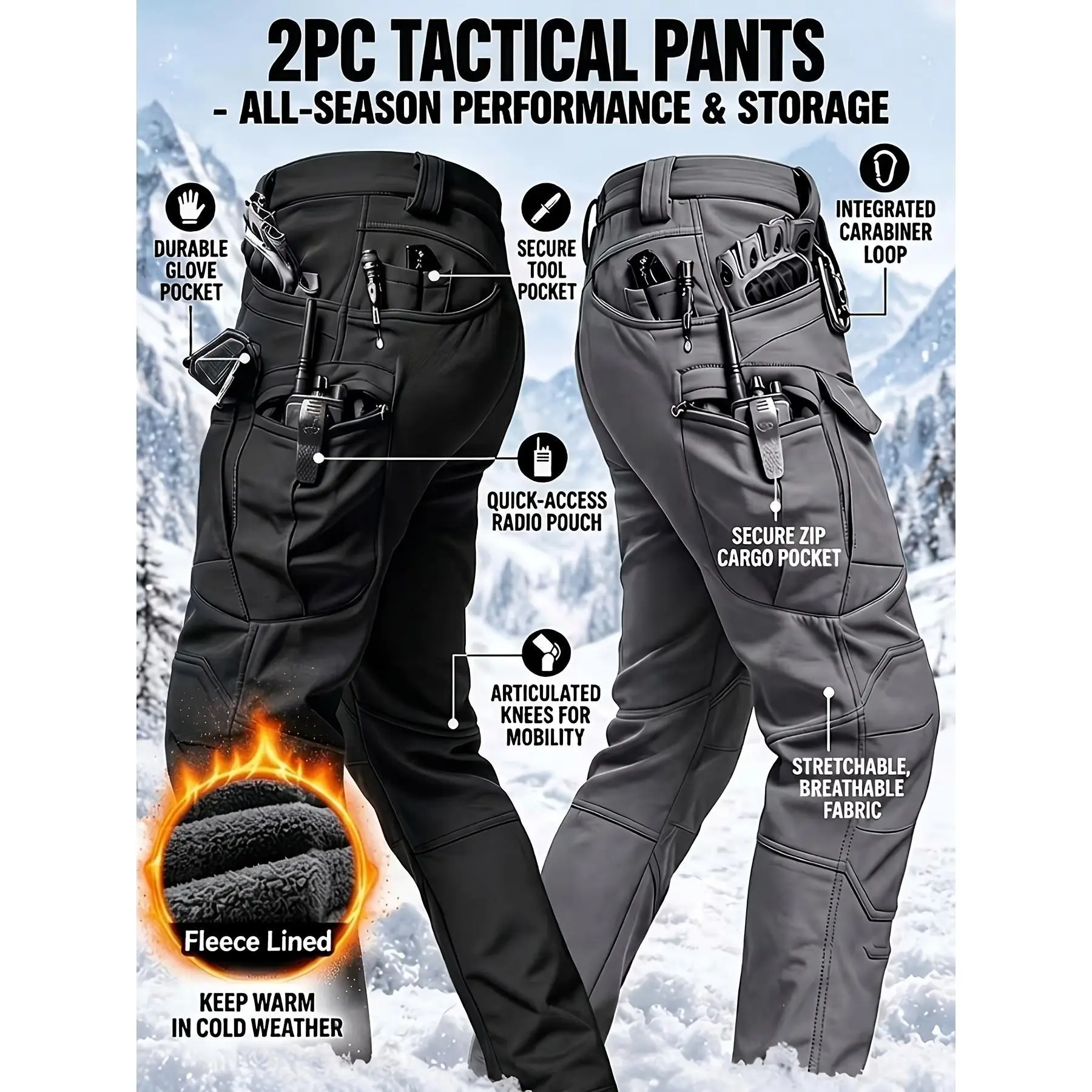 INFEXTOUR Men's Fleece-Lined Cargo Pants - 1/2PCS, Casual Menswear, 400g Fabric,Stretch Multi-Pocket Utility Pants with Free Belt for Work, Outdoor