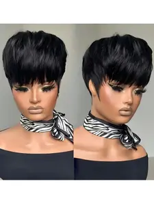 Short Pixie Cut Wig with Bangs, Human Hair Blonde/, Machine-Made Straight Hair Wig, Stylish & Versatile Daily Wear, Natural Looking Wig, Human Hair Wigs