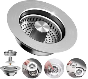 3-in-1 304 Stainless Steel Kitchen Sink Strainer & Stopper Combo, Pop-up Bounce Core Anti-Clog Filter for US Standard 3-1/2'' Drains (Home & Bathroom Accessory)