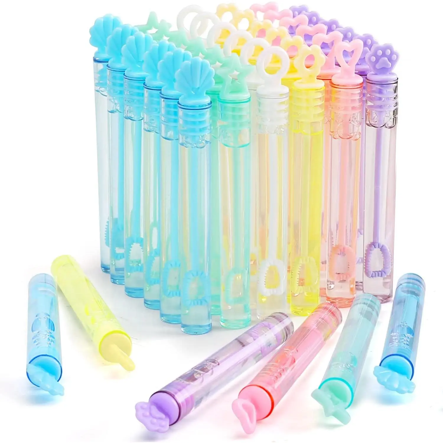 Plastic 72-Pack Assorted Mini Bubble Wand Set, 6 Colors & 6 Styles Toy with Leakproof Cap, Kid Birthday Favors, Bulk Festive & Party Supplies for Summer Indoor Activities