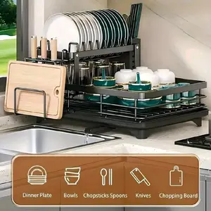 Double Tier Extendable Dish Drainer Rack Large Capacity Kitchen Countertop for Dinner Plates Bowls Chopsticks Spoons Knives & Chopping Board