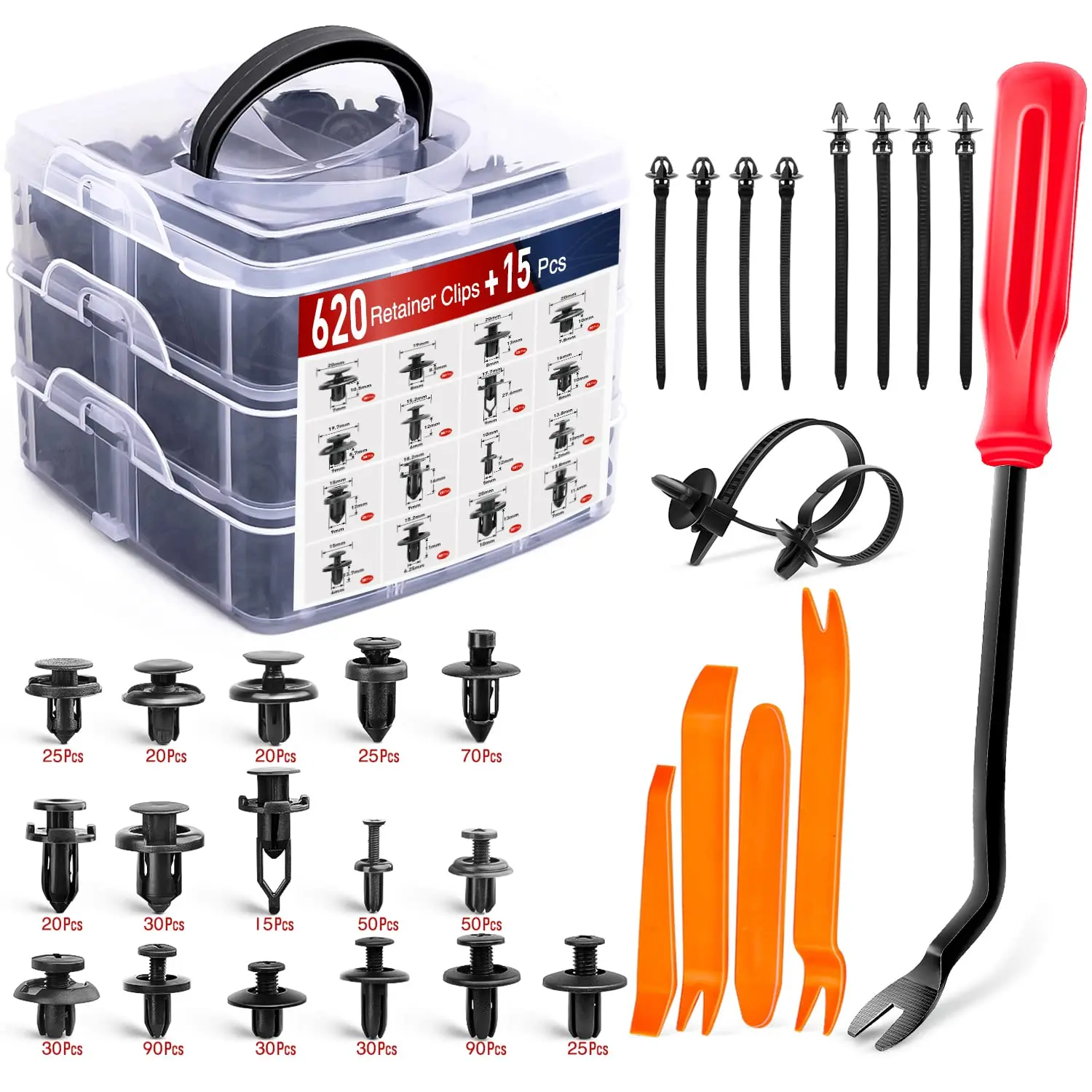 620Pcs Car Push Retainer Clips Auto Plastic Fasteners Rivet Kit Universal Door Panel Fender Bumper Clips with Removal Tools Cable Ties Storage Box