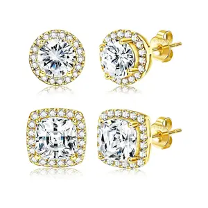 Plated Halo Stud Earrings, 925 Sterling Silver Cubic Zirconia, Round & Square Design, Unisex Jewelry Gift Set, Hypoallergenic CZ Earrings, High Quality Earrings