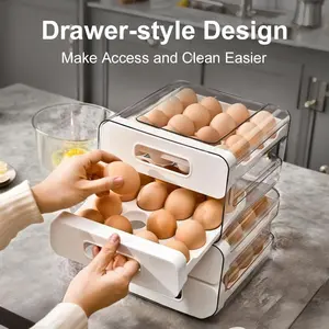 Double Drawer Egg Storage Box – 32-Egg Capacity Stackable Fridge Organizer, Smooth Sliding Drawers, Durable & BPA-Free (Beige)
