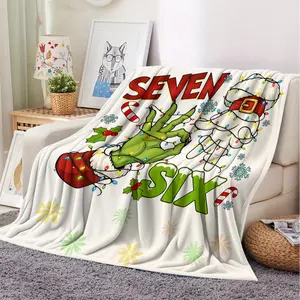 Christmas Cheer Flannel Blanket, Festive Holiday Throw Blanket with Colorful Grinch Hand and Bold 'SEVEN' and 'SIX' Text, Cozy Warm Cover for Home, Perfect Gift for Holiday Celebrations and Winter Naps