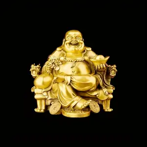 Resin Buddha Statue, Blessing and Happiness Symbol, Laughing Buddha Sitting on Imperial Dragon Chair, Brass Buddhist Sculpture Home Decor