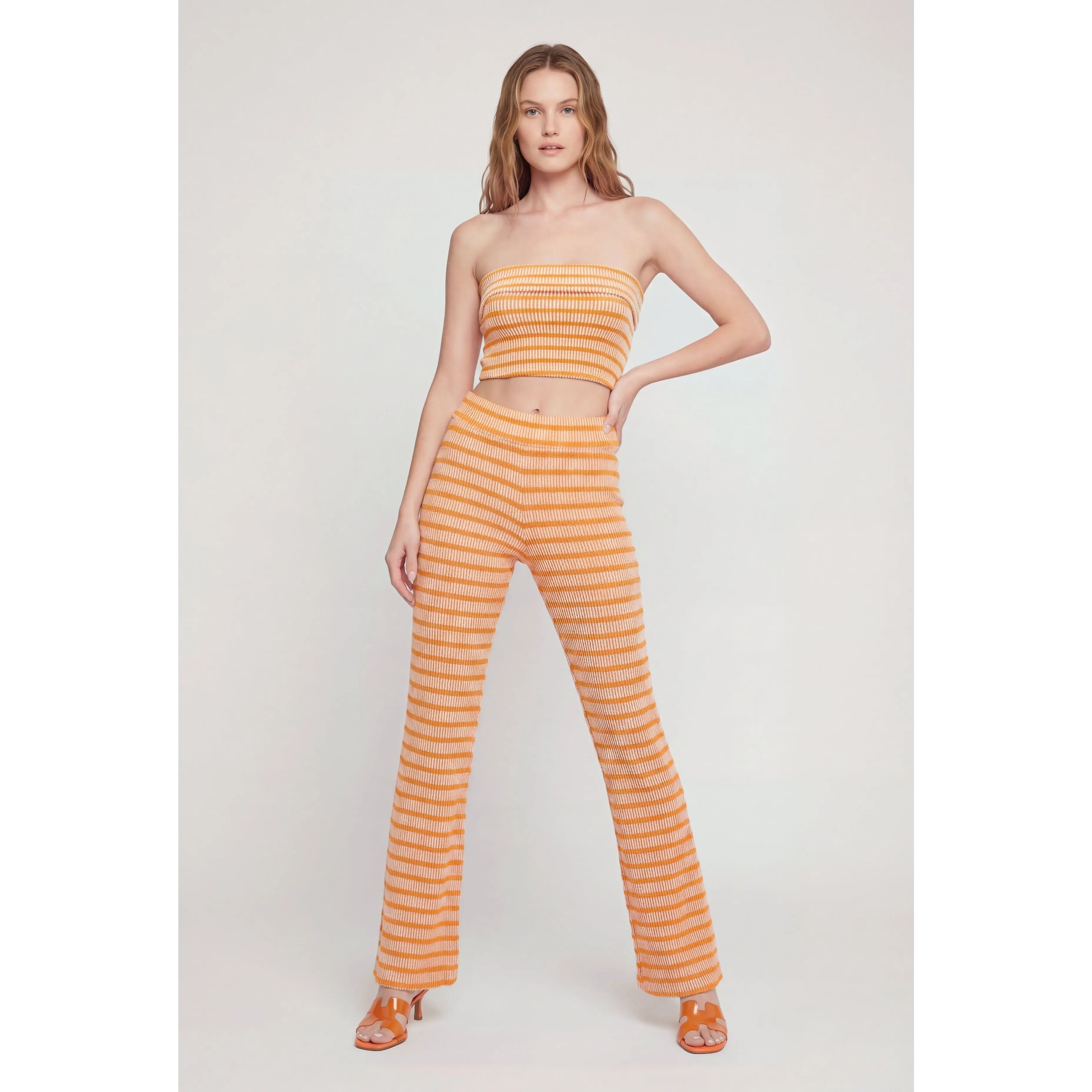 Striped Rib Knit Fold Over Pants