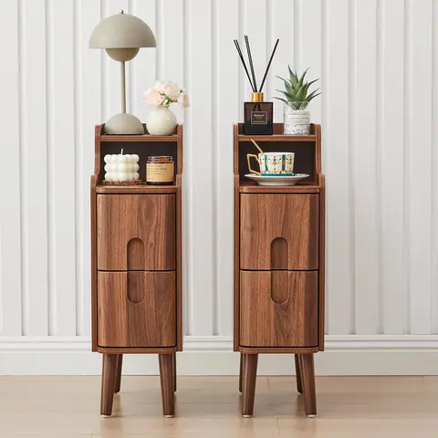 FurSch Narrow Wooden End Table with 2 Drawers, Small Nightstand for Bedroom, Compact Vintage Side Table for Living Room or Small Spaces