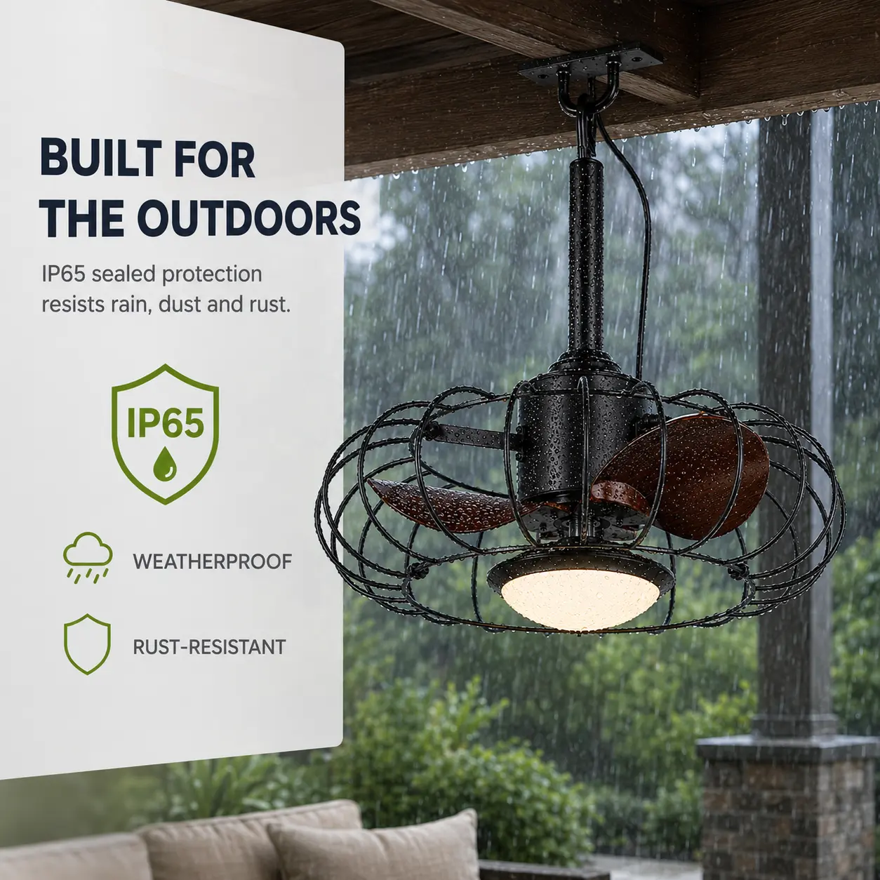 Serbasic 20-Inch Outdoor Ceiling Fan with Light, IP65 Waterproof Plug-In Gazebo Fan with Remote & App Control, 6-Speed DC Motor, Dimmable 3CCT LED, Caged Hanging Fan for Patio, Porch and Pergola