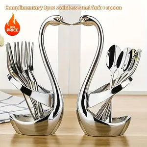 A 7pcs Stylish Cutlery Holder Designed Like a Swan, Including One Swan And Three Forks And Spoons Made of Zinc Alloy. This Elegant Stainless Steel Cutlery Rack Comes with a Complimentary Set of Forks And Spoons