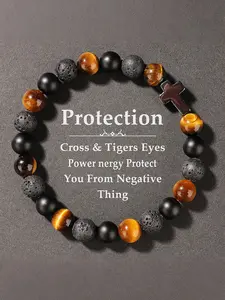 Men's Cross & Tiger Eye Stone Beaded Stackable Bracelet, Fashionable and Versatile Design Bracelet, Suitable for Wearing at Any Time, Gift for Friends