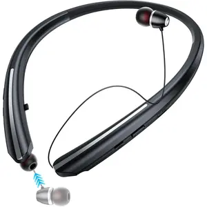 Bluetooth Headphones Neckband, Retractable Headset Wireless Sports Earbuds Noise Cancelling Stereo Earphones with Microphone, IPX5 Sweatproof, Compatible with iPhone Android Samsung PC (Black)