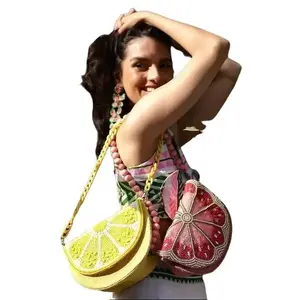 Hand Beaded Cresent Pink Lemon Embellished Shoulder Bag Handmade Watermelon