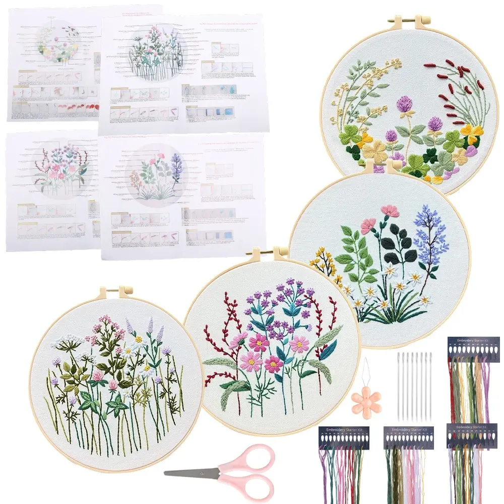 Beginner 4-Pcs Embroidery Set - 4 Pieces of Embroidered Fabric, 1 Piece of Plastic Embroidery Ring, Plastic Hoops, Thread, Needles, Scissors, Threading Tool, Easy-Operate Instructions - Ideal for Craft Enthusiasts