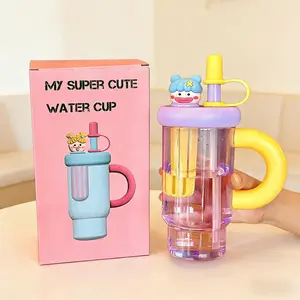 Cute Water Bottle with Handle, Tea Storage and Straw Lid, Large Capacity, Leak Proof, Portable for Hydration, Drinkware, Wide Mouth, Gift Box