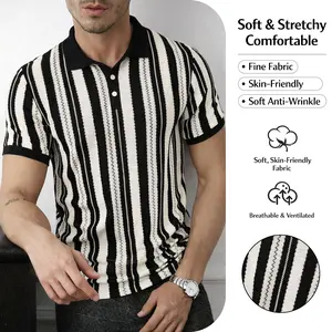 Men’s minimalist black-and-white striped polo shirt with a turn-down collar; a light‑mature business‑style men’s polo made from breathable, wrinkle‑resistant fabric with a relaxed fit—ideal for everyday outings and commuting; also suitable as a gift for a
