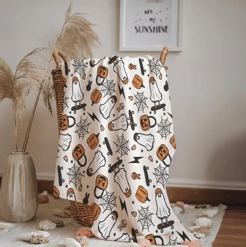 Ghost - Skater, Sherpa Fleece Blanket, Decor, Kids Bedding, Blankets, Children's Room, Halloween Ghosts with Skateboards, Fleece Blanket