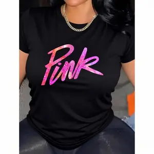 Women's Soft Casual Tee - Vibrant Pink Letter Print, Short Sleeve, Round Neck, Comfortable Fit for Casual Attire, Allseason Top | Vibrant Print Tee | Soft Fabric, Blouse