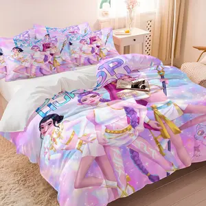 K-pop Star Girl Group Anime Duvet Cover Set, 1 Duvet Cover + 1/2 Pillowcases, No Core, Dreamy Pastel Print with Idols & Sparkles, Soft Cozy Breathable All-Season Bedding for Teens & K-pop Fans Bedroom & Dorm Decor