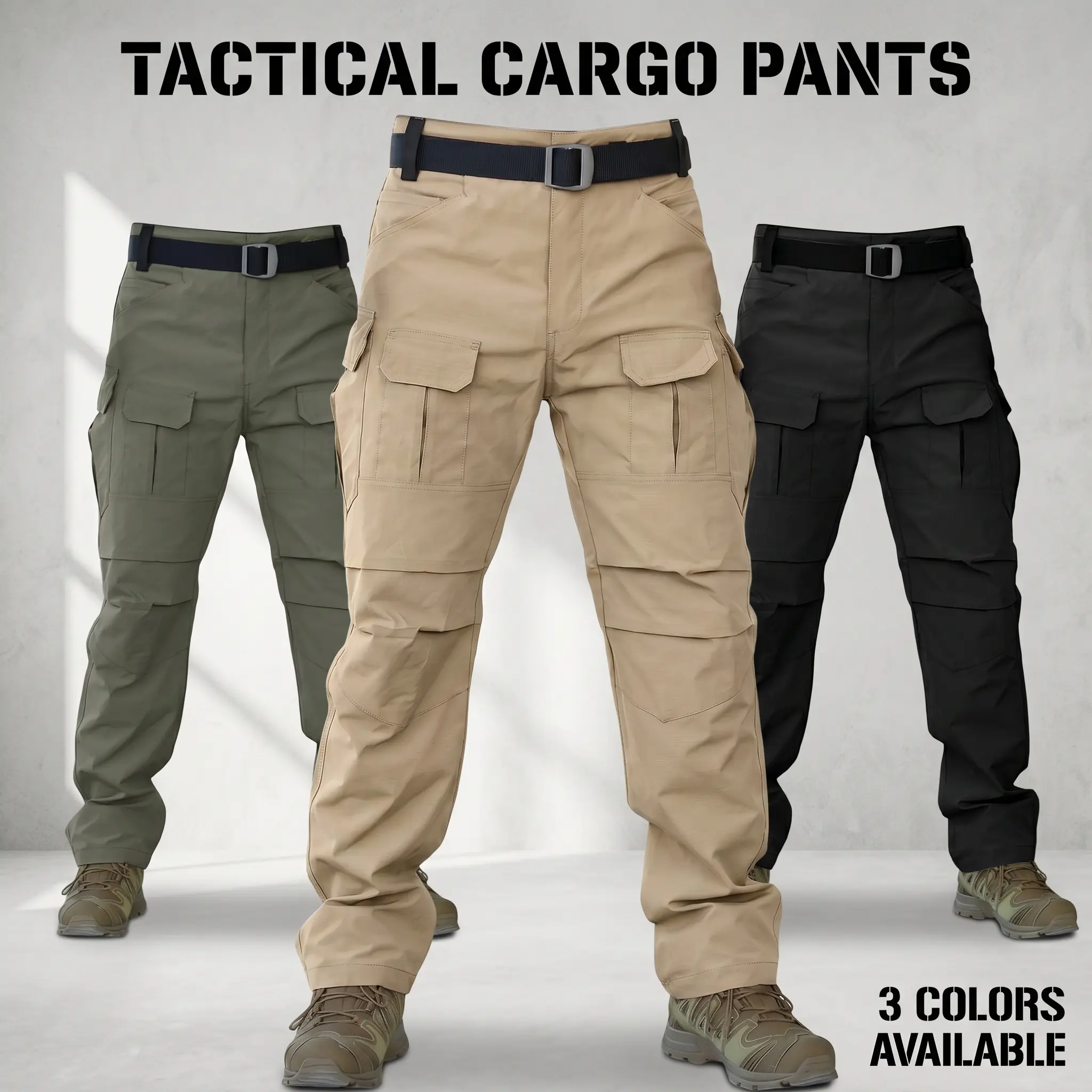 Men’s tactical cargo pants with multiple pockets featuring flap designs, knee-level 3D shaping for unrestricted movement, includes a webbing belt; durable, breathable, quick-drying fabric—versatile for outdoor hiking, mountaineering, everyday commuting, a