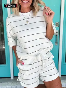 Summer Daily Comfort Ribbed Loose Round Neck Top and Shorts Set, Casual Summer, Breathable and Stylish, Perfect for Everyday Wear