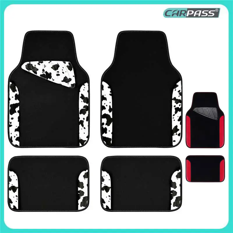 CAR PASS Waterproof Universal Fit Car Floor Mats, Cow Print Car Mats Fit for SUV,Vans,sedans, Trucks,Heel Backing,Cute Women Girly Funny Black White