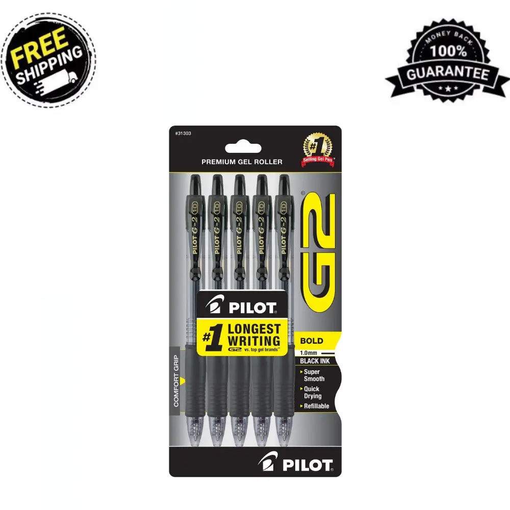 Pilot G2 Retractable Gel Ink Pens, Bold Point, Black, 5 Count - Retractable