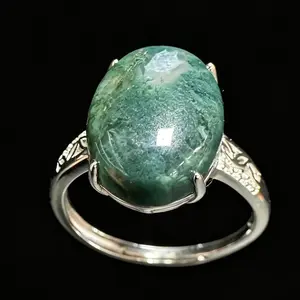 925 Sterling Silver Natural Moss Agate Adjustable Ring