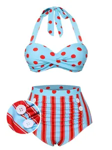 RETROSTAGE Women's 1940s Retro Polka Dot-Stripe Halter Swimsuit Style Bikini, Plaid Print, Tie-Back Design, High-Waisted Bottoms