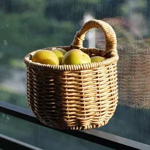 2 Rustic Style Handwoven Rattan Storage Baskets, Outdoor Picnic Baskets, Household Kitchen Living Room Fruit and Miscellaneous Hanging Baskets, Shelf Baskets