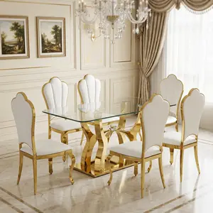7 Pieces Modern Luxury Dining Room Set, 1 Rectangular Home Dining Table with 6 Pcs Comfortable White PU Leather Seats, Sleek Clear Tempered Glass Surface & Premium Golden Stainless Steel Support Structure, Fashion Home Kitchen Furnishing for Family Meals