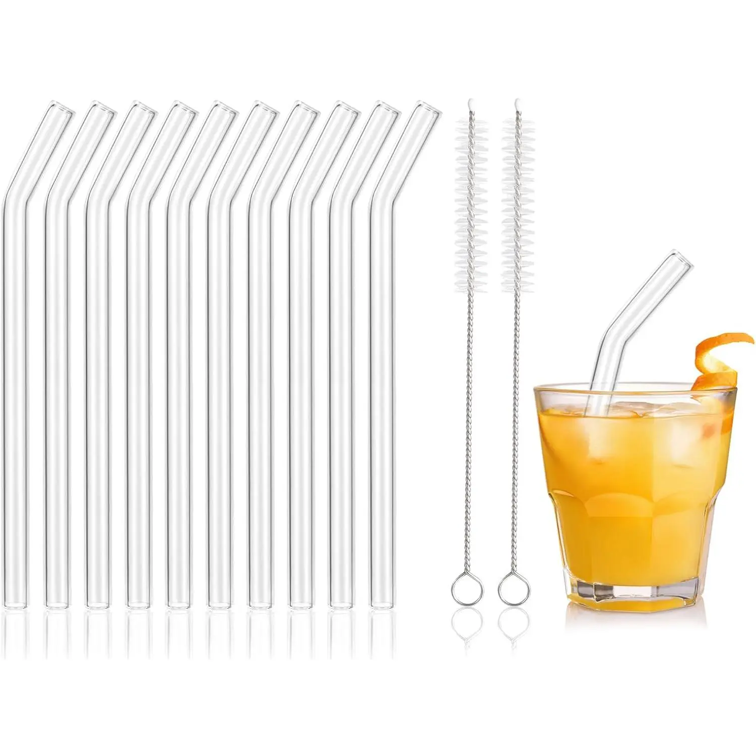 [10 Pcs]  Short Bent Glass Straws - 6" x 10 mm Clear Glass Straws Shatter Resistant  Straw With 2 Cleaning Brushes for ,Coffee,Juice,Soda Drinks