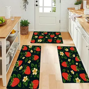 1/2/3pcs Spring Vitality Kitchen Carpet Set |   Strawberry Style Flannel Carpet, Non-Slip, Soft, Comfortable, Easy to Clean, Suitable for Bathroom, Door Mat, Bedroom, Living Room, Porch, RV Decoration