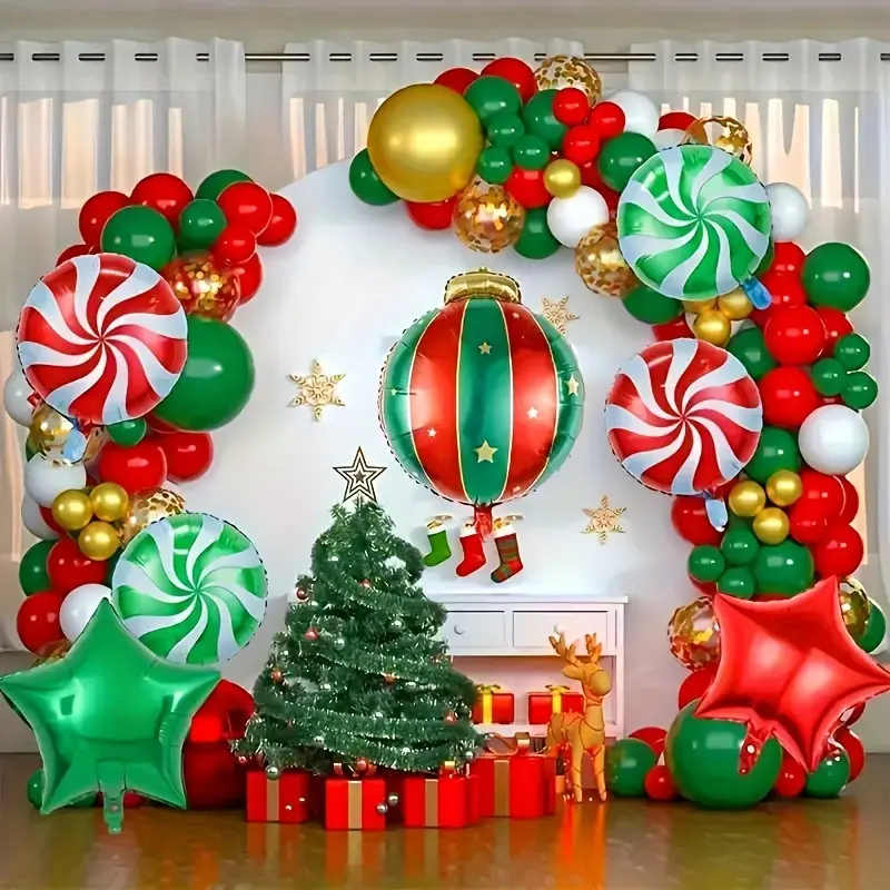 18pcs Round Christmas Balloon Set - Red & Green Star Foil Balloons for Holiday Party, Home Decorations, Room Decor