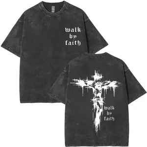 Unisex 100% Cotton Cross & Faith Over Fear Slogan Print Washed Distressed Short Sleeve Tee, Regular Fit Vintage Trendy Casual Relaxed Comfy Round Neck T-shirt for Daily Wear, Men's All Seasons Top, Summer Clothes, Christian Apparel